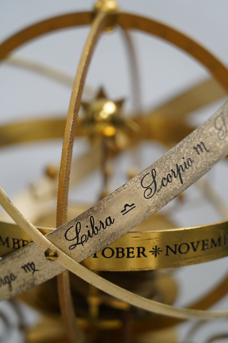 A modern clockwork armillary sphere, engraved St. James’s House Co. London, 44cm high, with two related books. Condition - fair, some discolouration to the metal work and general wear.